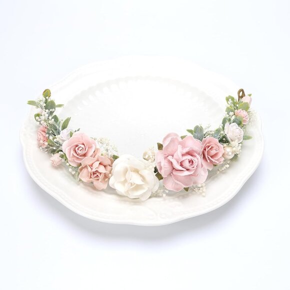 Flower Crown Hair Vine Blush Pink Floral Wedding Bridal Headpiece - Picture 4 of 7